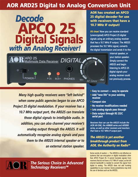 Apco 25 decoder. 7 MHz IF output .  Built on the powerful DSD-Neo decoder engine, it br...