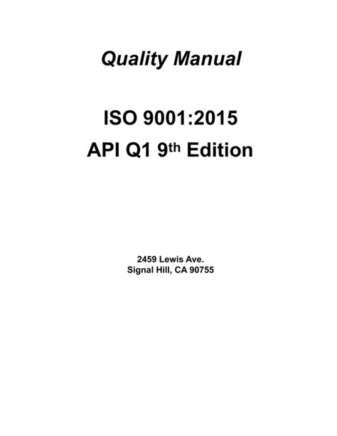 Api Q1 Quality Manual 9th Edition Format