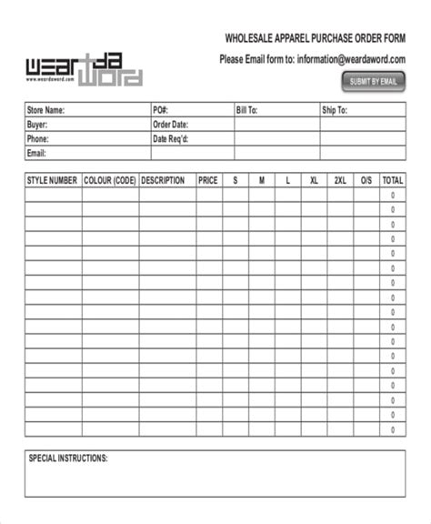 Apparel Order Form Template Excel Templates