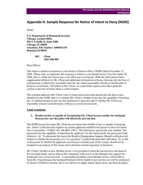 Appendix H. Sample Response for Notice of Intent to Deny …