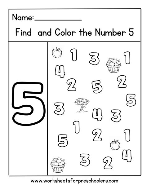 Apple Theme Find and Color Number 5 Math Worksheet