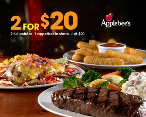 Apple bee 2 for 20. I think Applebee's hit a home run with this new 2 for $20 deal promo. Our total bill came up to $26.56 (2 for $20 deal and two refillable sodas). For that price, it's really a very good deal. A nice two course sit down dinner at a restaurant for a lil over $25! The portions were just right, not too small and not huge either. Good job Applebee's. 