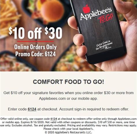  Save up to 50% with 77 (active) Applebee's discount codes, good for May 2024. Applebees.com coupons, promotions, get 10% off, $50 off, free shipping, BOGO offers + cash back. 