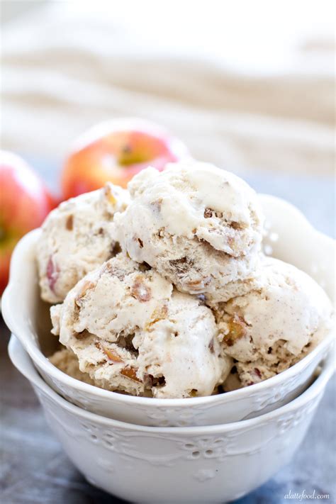 Apple ice cream. Sep 24, 2020 · Saute apples in butter. Add in 3 Tbsp sugar and 1 tsp cinnamon and cook until browned and caramelized, about 8-10 minutes. Remove from pan and allow to cool. Combine milk, 1 1/4 C sugar, salt, half and half, vanilla extract, whipping cream and 2 tsp cinnamon into the ice cream maker. Process until done. 