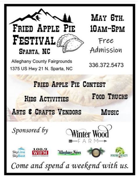 Apple pie festival sparta nc. It’s festival week! We are having two contests this year, loaded with apples and excitement. If you think you can eat five fried apple pies in three minutes, this contest is for you. Register for... 