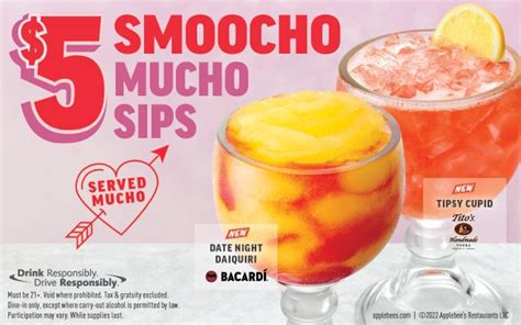 Applebee's smoocho sips. Applebee's. Register before February 9 to be one of 1,000 Date Night Pass winners, which means you get major discounts for all 52 weeks of the year for your and your sweetie. Don't fret if you missed the entry window though! You can still enjoy one of their three Smoocho Sip cocktails, priced between $4 and $6. Baskin-Robbins 