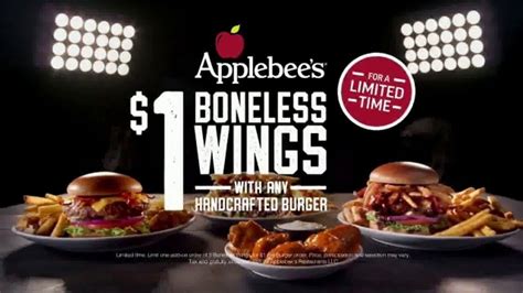 Applebee's shows off several mouthwatering burgers and piles of delicious wings. The restaurant chain says that ordering any handcrafted burger will net you five boneless wings for just $1. You are encouraged to take advantage of the limited-time offer while you can. Published. March 01, 2022.. 