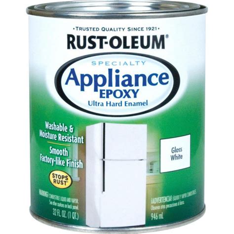 Appliance epoxy paint colors. Rust-Oleum® Specialty Appliance Epoxy is an ultra-hard, moisture resistance enamel that is specifically formulated for indoor metal surfaces. It provides a smooth, washable surface for refinishing the exterior of appliances such as refrigerators, dishwashers, laundry machines, and other indoor metal applications (cabinets, tables). Do not use ... 
