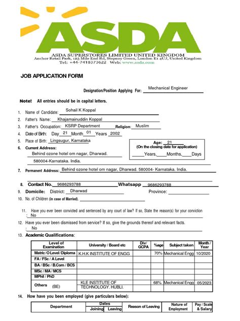 Application Form Job Asda Answers
