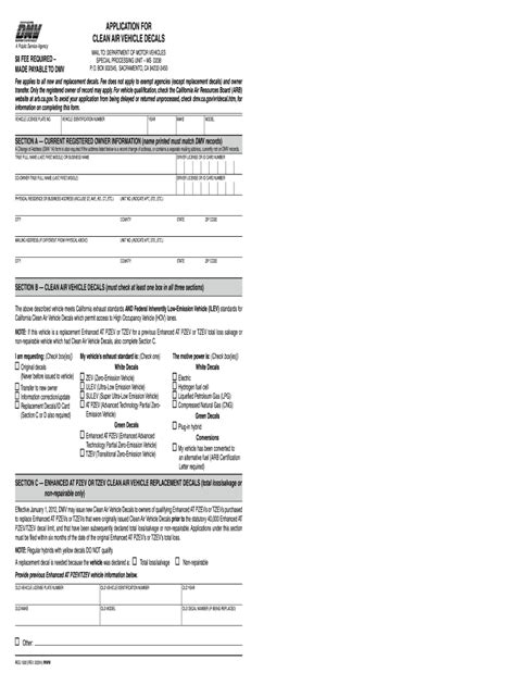 Application for clean air vehicle decals form. To apply for CADs in advance, a new vehicle dealer must: Complete a New Vehicle Dealer Application for Clean Air Vehicle Decals (REG 1000D) form. Submit the REG 1000D and a single check or money order payable to DMV for payment in full with each REG 1000D to the Special Processing Unit (SPU) at the address shown at the bottom of the REG 1000D. 