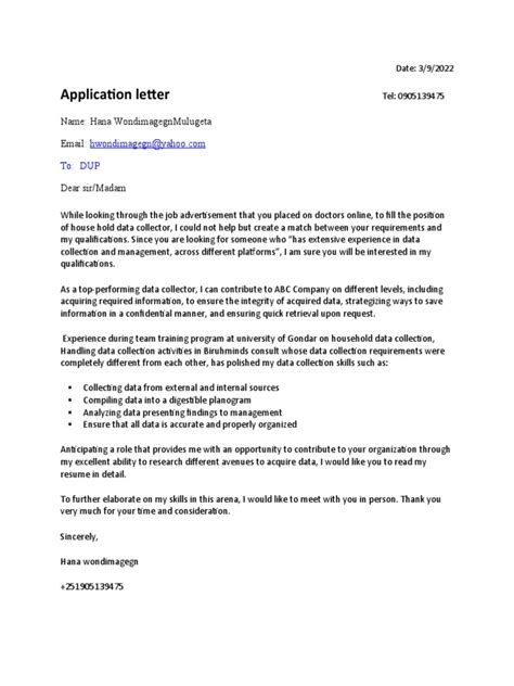 Application letter for data collection.  A Permission request letter for data col...