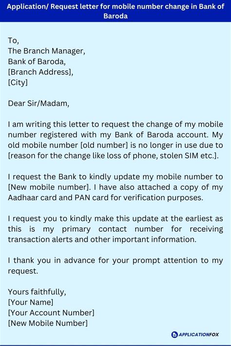 Application to change mobile number in Bank Account Letter to change