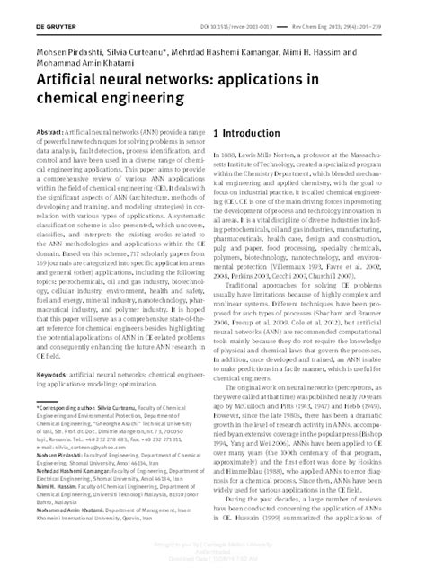 Applications Of Artificial Neural Networks In Chemical Engineering