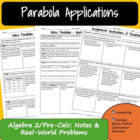 Applications of parabolas worksheet.  They relate parabolas to the real w...