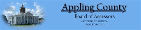 Search Appling County property tax and assessment records by address, owner name, parcel number or legal description including sales search and GIS maps. Assessor Records Appling County Board of Assessors 69 Tippins St., Suite 101, Baxley, GA 31513 Phone (912)367-8109 Fax (912)367-8161. 