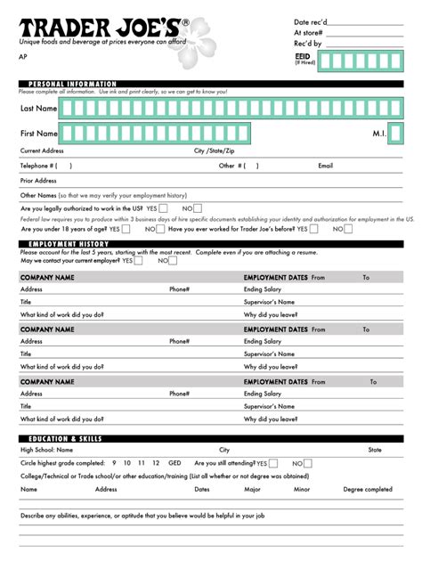 Apply for trader joe. Trader Joe's Application is useful for anyone who wants to get a job in this network of grocery stores. The application exists for different vacancies. The form includes personal d ata, information on education, and work experience and also contains an important column of the terms of hire. ... 