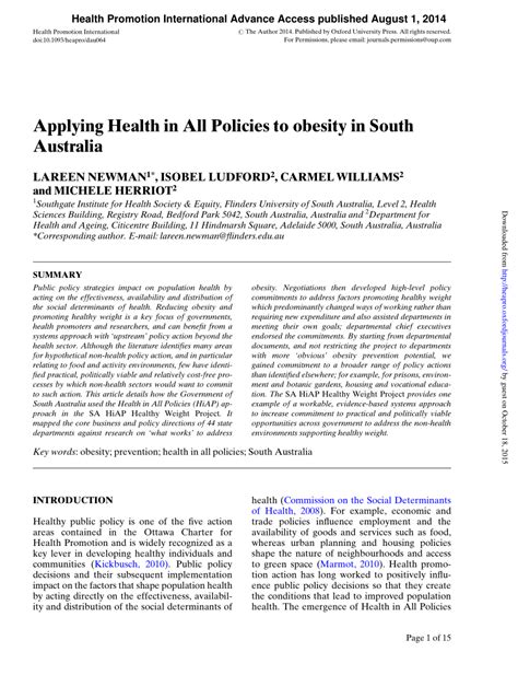 Applying Health in All Policies to obesity in South Australia