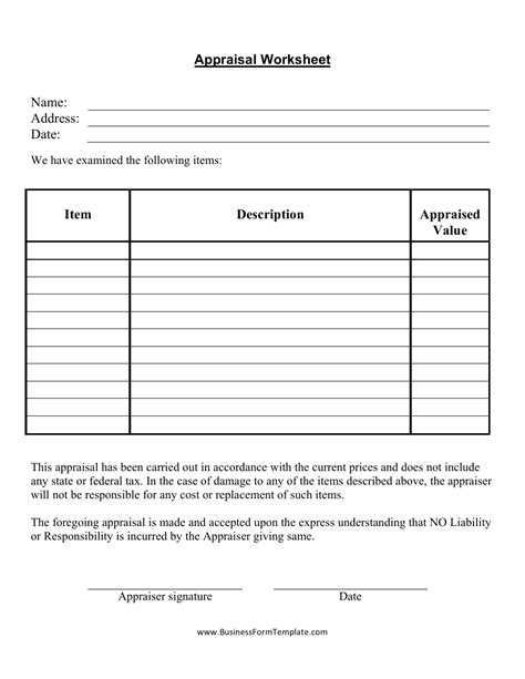 Appraisal Worksheet Template