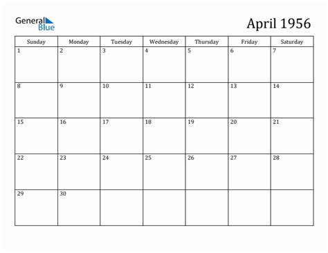 April 1956 Calendar PDF Word Excel