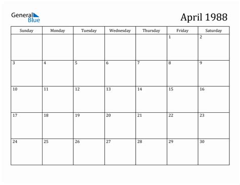 April 1988 Calendar PDF Word Excel