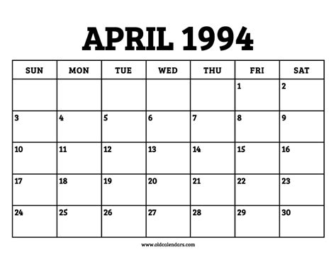 April 1994 Printable Monthly Calendar with Notes