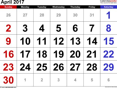 April 2017 calendar templates for Word, Excel and PDF