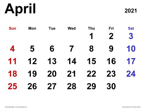 April 2021 Calendar Printable Template in PDF Word Excel