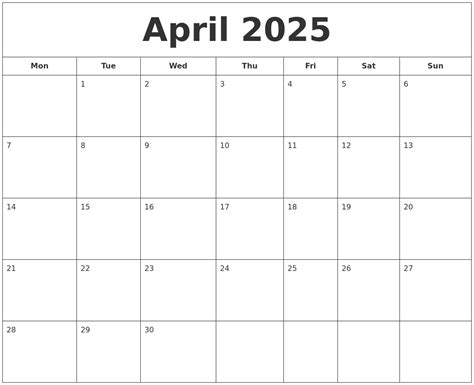 April Calendar 2025