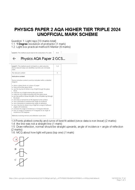 Aqa gcse physics 2024 paper 2 mark scheme.  The document is an unofficial...