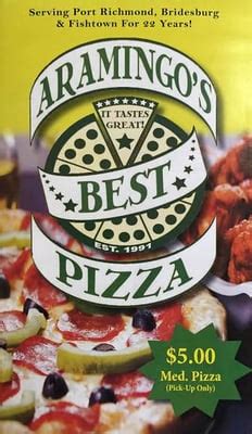 Aramingo's best menu. 3.1 (75). Rate your experience! $ • Pizza. Hours: 3 - 11PM. 2347 E Clearfield St, Philadelphia. (215) 426-1274. Menu Order Online. 