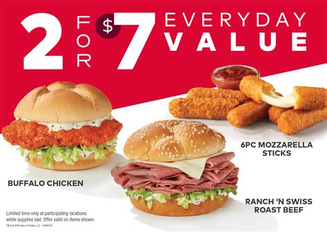 Arby's everyday value. Additionally, Arby's notes on its website that the chain refreshes its 2 for $7 Everyday Value offerings on a regular basis. The 2 for $6 Mix 'N Match deal isn't the only promotion at Arby's right ... 