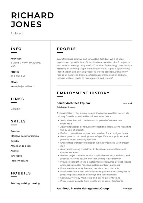 Architect resume. Architects design a variety of structures: from hospitals, to bridges, to residential buildings and more. It is a responsible & skill-intensive job that requires a well-designed resume to impress employers. With our Architect resume example & guide, you can build an amazing resume in no time! 4.2. Average rating. 