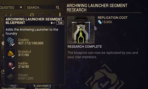 Archwing launcher segment. Edit: segment blueprint comes from tenno lab. After building and installing the segment, you should then be able to build the launcher. Then you have to equip the launcher to your gear wheel. I know, the segment is from the lab and is the one that u put in ur gear wheel. I have it crafted but it won’t work. 