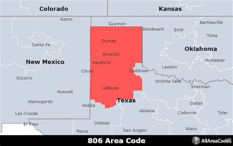Area code 806 is a telephone area code in the North American Numbering Plan (NANP) for the U.S. state of Texas in the Panhandle and South Plains, including the cities of Amarillo and Lubbock. It was created in 1957 in a flash-cut from numbering plan area (NPA) 915, the north-western corner of the state, but also incorporated a small portion of the region of area code 817 to the east. . 