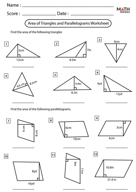 Area of Triangles and Parallelograms Worksheets Math Monks