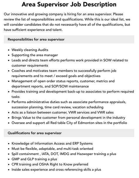 Area supervisor required