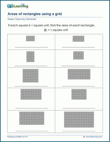 Areas using rectangular grids worksheets K5 Learning - Area by ...