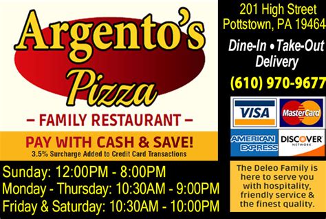 Address 201 E High St, Pottstown, PA, US 19464. Phone Number +16109709677. Website www.allmenus.com.. Categories American Restaurant ... What's near "Argento's Pizza & Family Restaurant" 1m Argento's Pizza & Family …. 