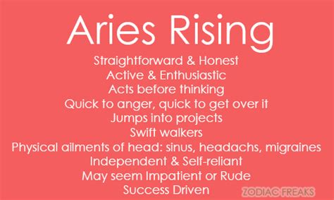 As an Aries rising, you're ruled by fire, and your ruling planet is Mars, the planet of anger, passion, sex and war. Appearance. Aries is a fire sign that rules the head, so much of this comes out in Aries rising appearances. For example, many Aries rising natives have maroon, red or burnt-red hair.