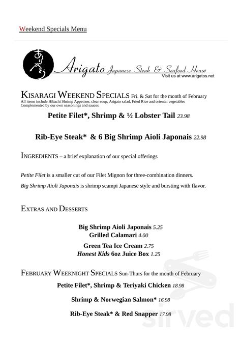 Arigatos - Today, Arigato Japanese Steak & Seafood House will open from 5:00 PM to 9:30 PM. Don’t risk not having a table. Call ahead and reserve your table by calling (336) 299-1003. Other favorable attributes include: upscale. For a similar meal experience, check out AMF All Star Lanes - Greensboro and Bangkok Cafe Restaurant as an …