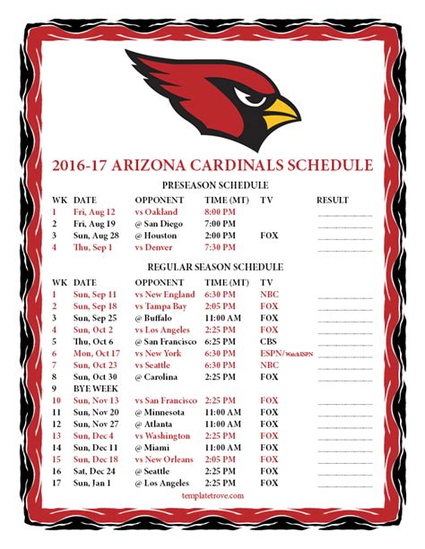 Arizona Cardinals Schedule Printable