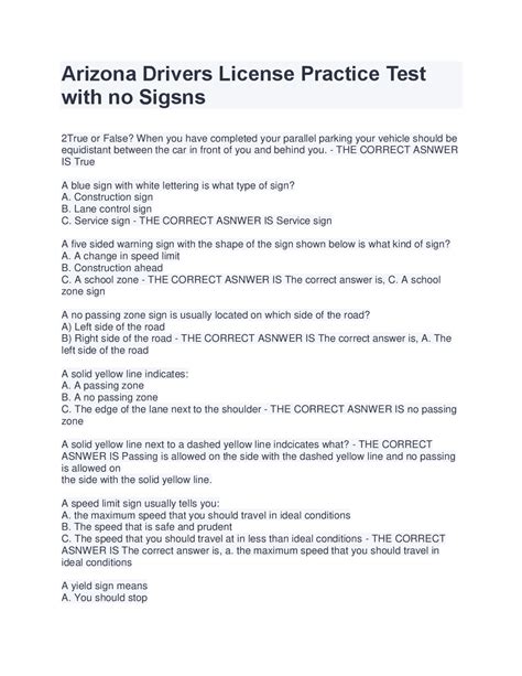 Arizona Drivers Permit Practice Test Questions with 100 Correct