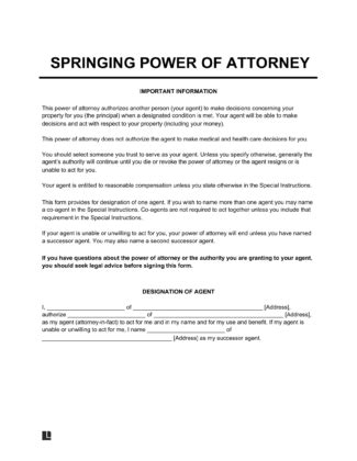 Arizona Springing Power of Attorney Form Legal Forms and Business