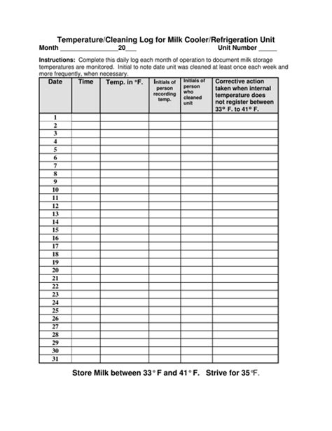 Arizona Temperature/Cleaning Log for Milk Cooler/Refrigeration Unit