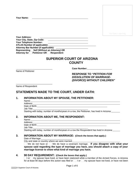 Arizona dissolution of marriage records. At the time this action was filed, Party A or Party B was domiciled in Arizona or was stationed in Arizona while a member of the United States Armed Forces. If this is an action for dissolution of marriage (divorce) or annulment, Party A or Party B was domiciled or stationed in Arizona for more than 90 days, at the time the Petition was filed. 