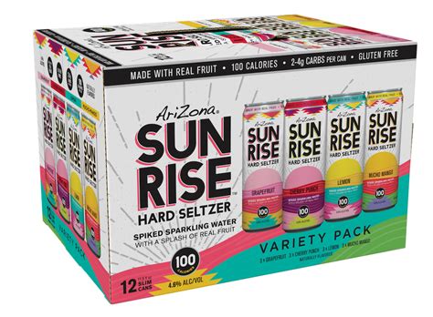 Arizona hard seltzer. Keep it real with a fresh, new take on Hard Seltzer. AriZona SunRise™ variety pack pops with four refreshing fruit flavors: Mucho Mango, Cherry Punch, Lemon, and Grapefruit. Enjoy your SunRise™ over ice to experience the authentic color and real fruit taste. With 100 calories, 4.6% alcohol per can, and the quality and flavor you've come to ... 