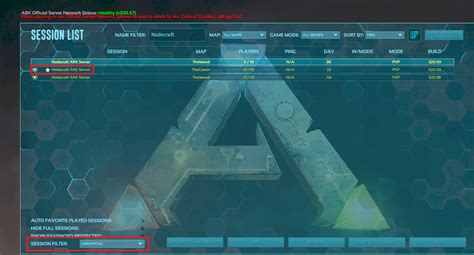 Ark server. The server status buttons allow you to filter between offline (red "x"), online (green "check"), or both (gray "asterisk"). Using the "Players" filter, you can set a minimum or maximum number of players you want the server to have. The "Max Distance" filter allows you to set a limit on how far away the server is from your location. 