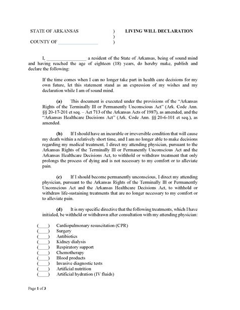Arkansas Declaration of Living Will Form Will Forms Will Forms