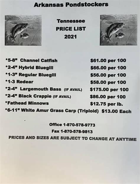 Arkansas Pondstockers Price List