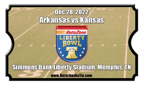 Arkansas liberty bowl tickets. Curtis Wilkerson Dec 28th, 2022, 9:14 PM. Arkansas completed its season with a wild 55-53 victory over the Kansas Jayhawks in the AutoZone Liberty Bowl inside Simmons Bank Liberty Stadium in ... 